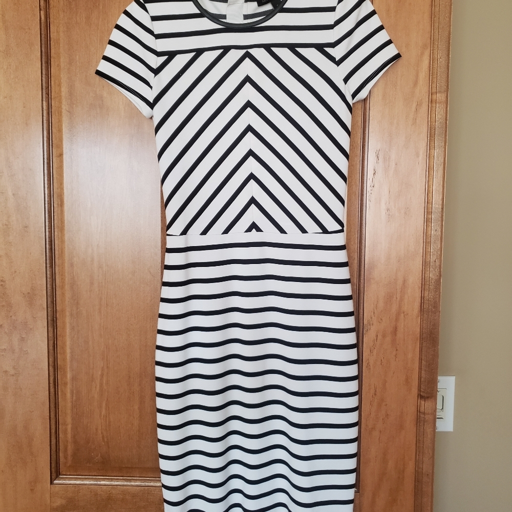 Banana Republic White/Black striped fitted learher trim neckline dress